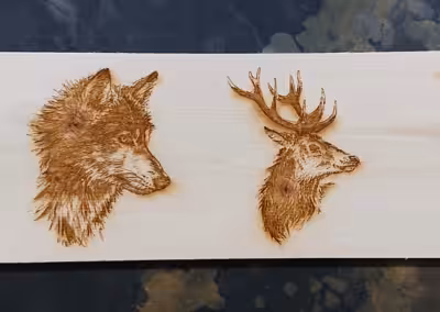 Tierköpfe gelasert in Arvenholz